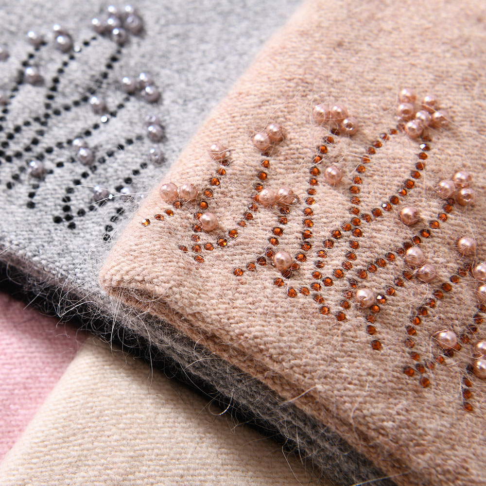 Winter Angora Wool Knitted Beanie Hat High Quality Wholesale Women Plain Rhinestones Pearl Beanie