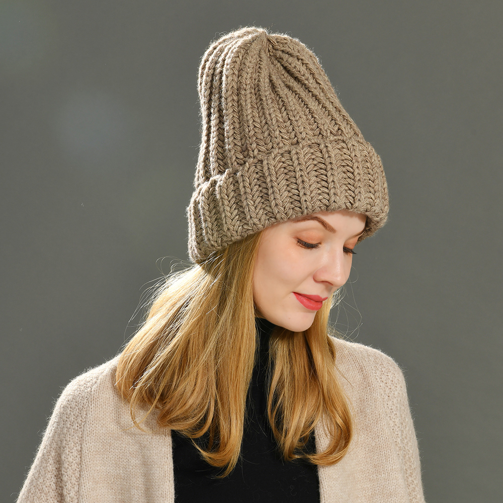 Winter Women Hand Made Beanie Hat Stretchy Chunky angora Knitted Thick Ribbed Beanie