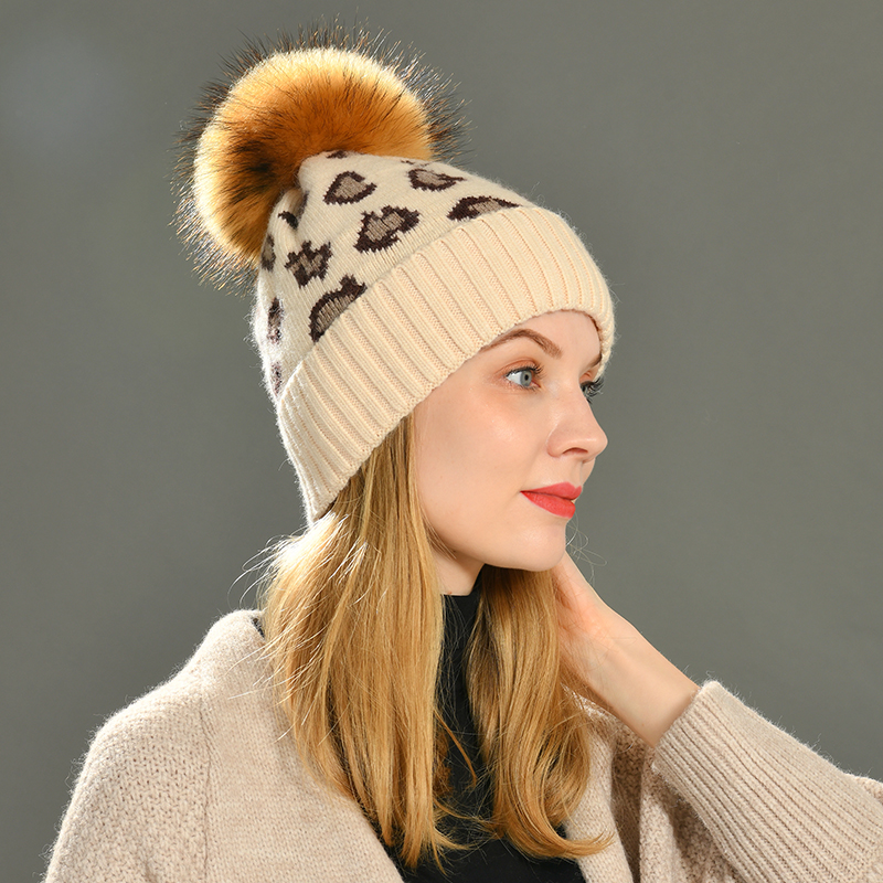 Winter Fashion Custom Faux Fur Ball Beanie Hat Skull Beanie High Quality Double Layer Angora Leopard Pattern Beanie
