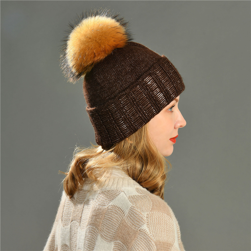 Wholesale Angora Knitted Woolen Caps Winter Warm Soft Women Ladies Bright silk Hats 