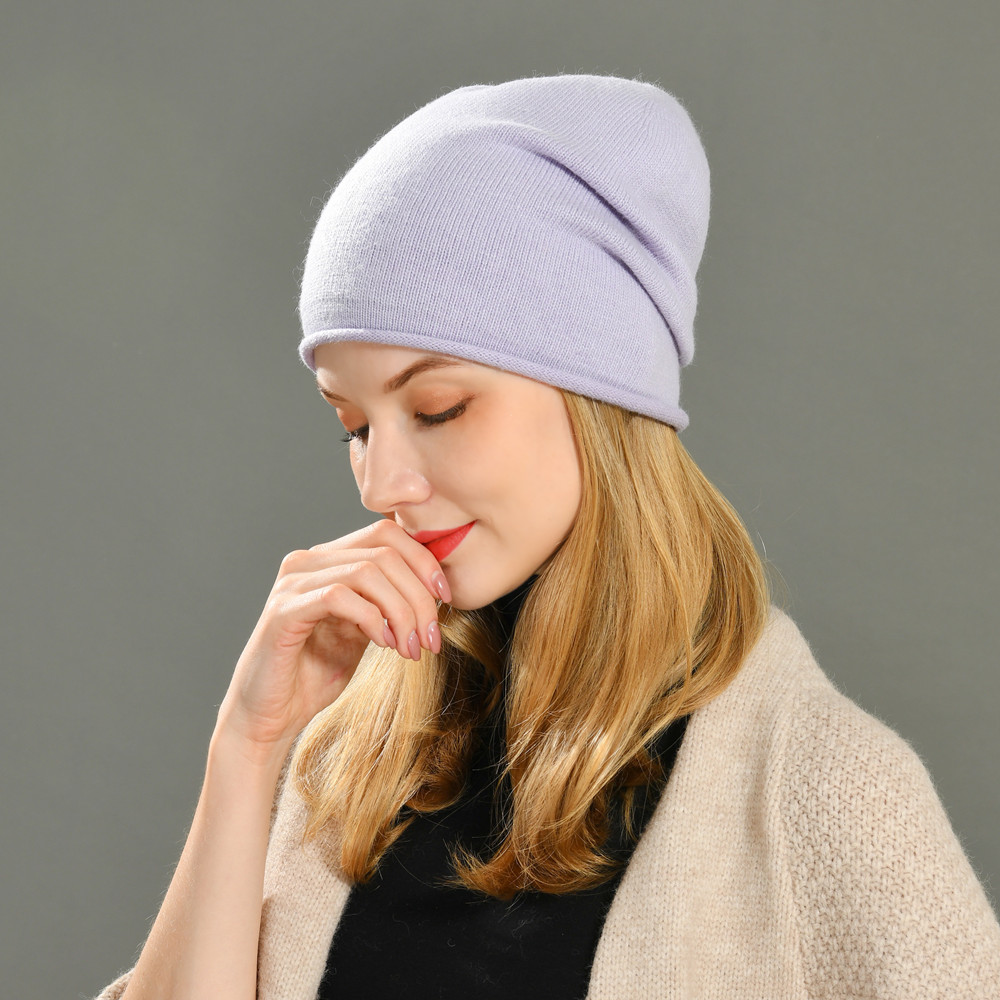 Rolled Cuffs Blank Angora Knitted Beanie Hat Women Spring Autumn Angora Roll Up Beanie