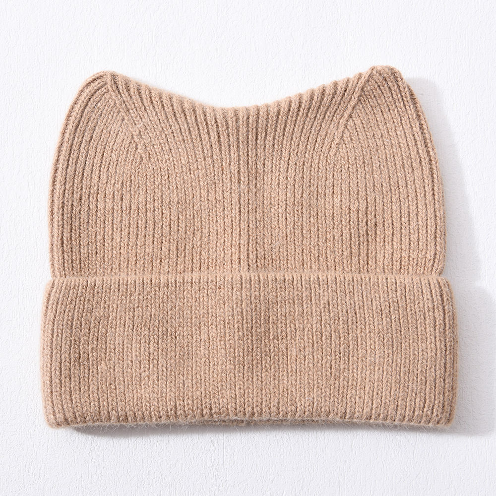 Thick Elastic Snow Winter Hat Soild Color Striped Cuffed Cashmere Knitted Warm Women Cute Cat Beanie