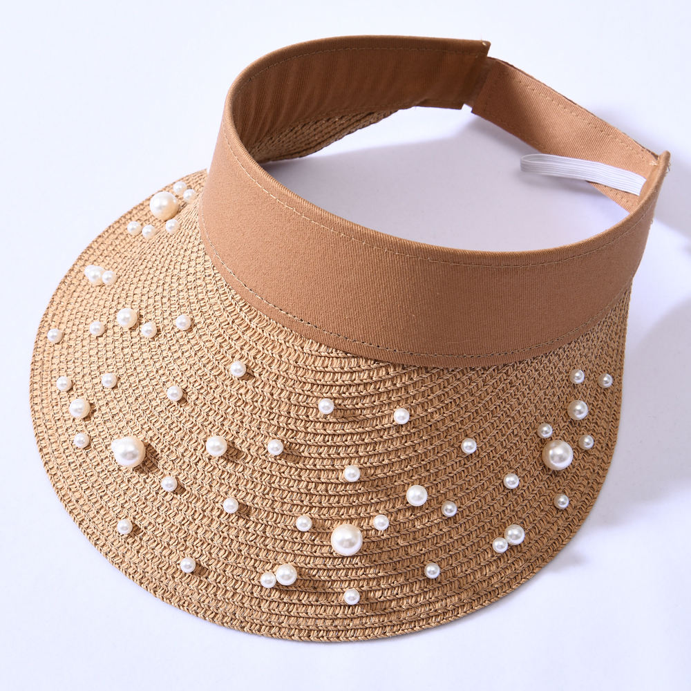 Sun Shade Women Summer Female Elegant Pearl Straw Wide Brim Visor Hat for Girls