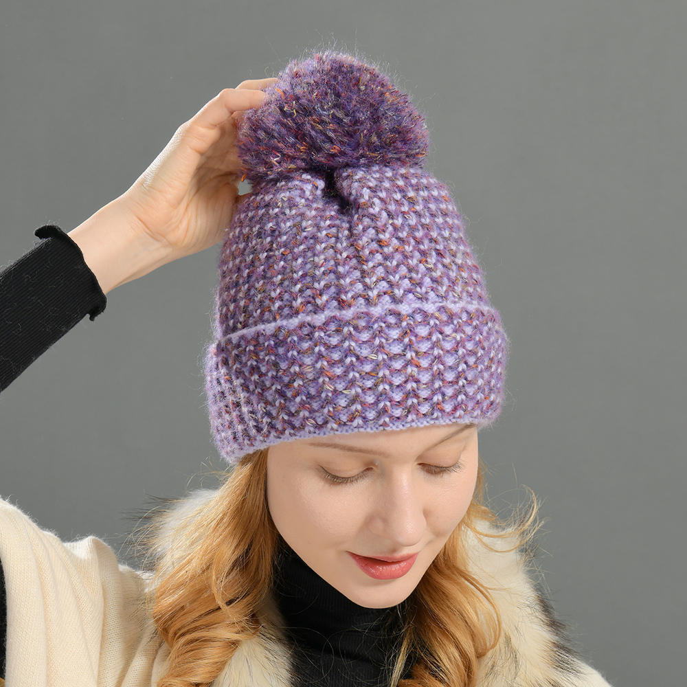 Headwear Outdoor Ski Thick Warm Mix Color Knit Winter Hat Yarn Pom Pom