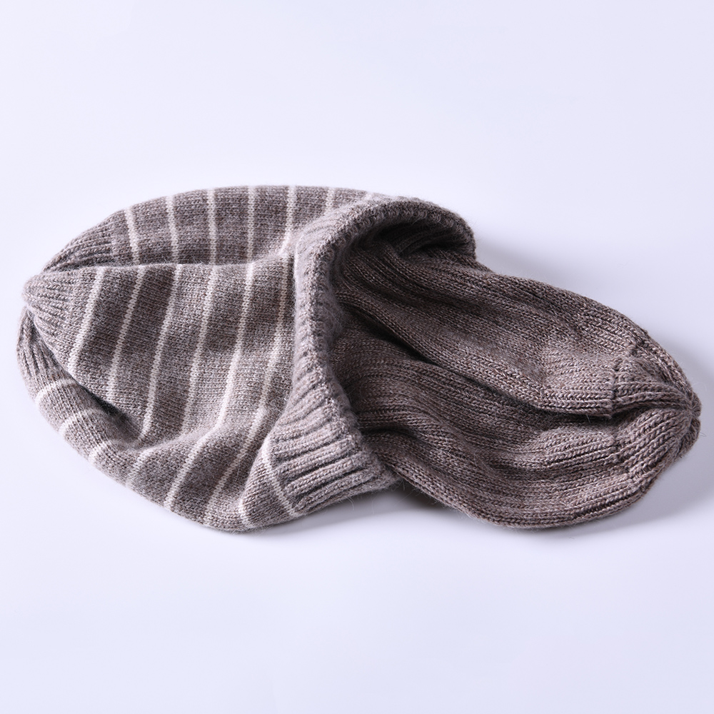 High Quality Angora Knitted Beanie stripe Double Layer Warm Unisex Winter Beanies with Customize Logo