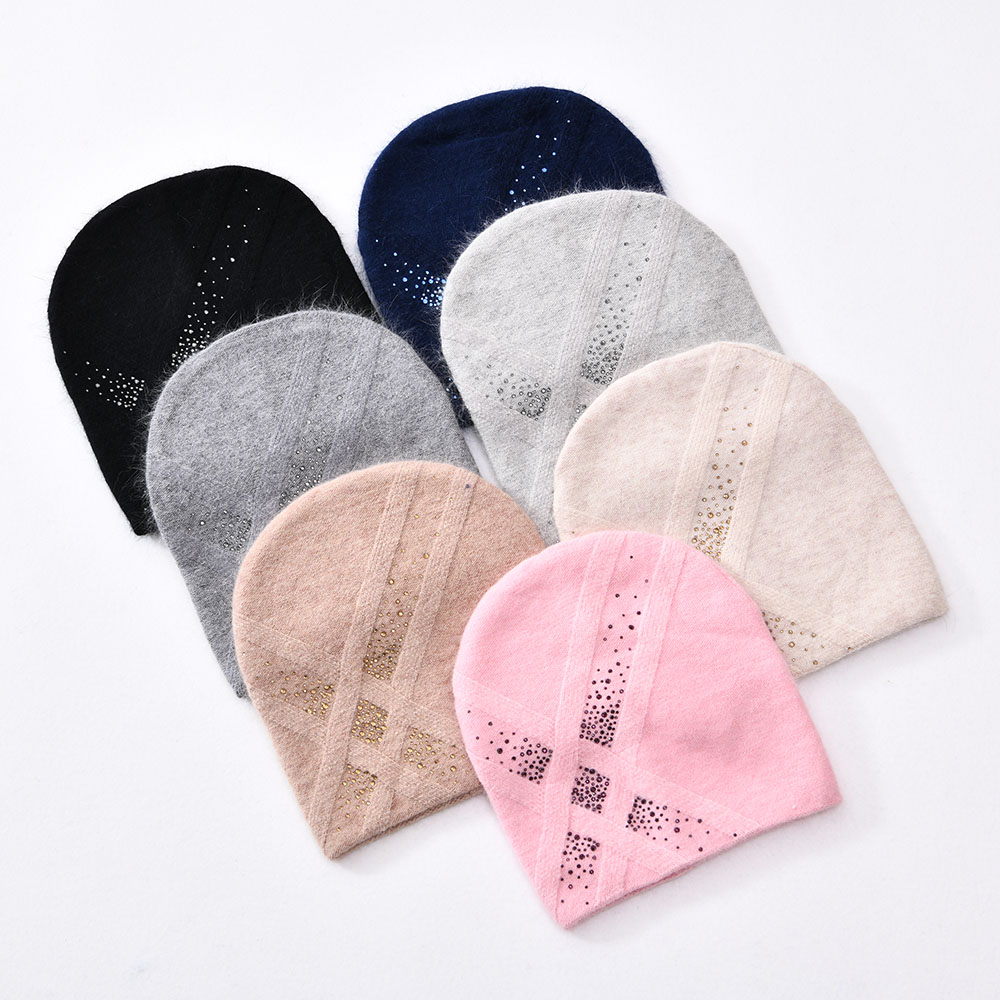 Winter Fashion Warm Soft Angora Wool Knitted Female Winter Hats Plain Rhinestone Blank Pink Beanie Hat