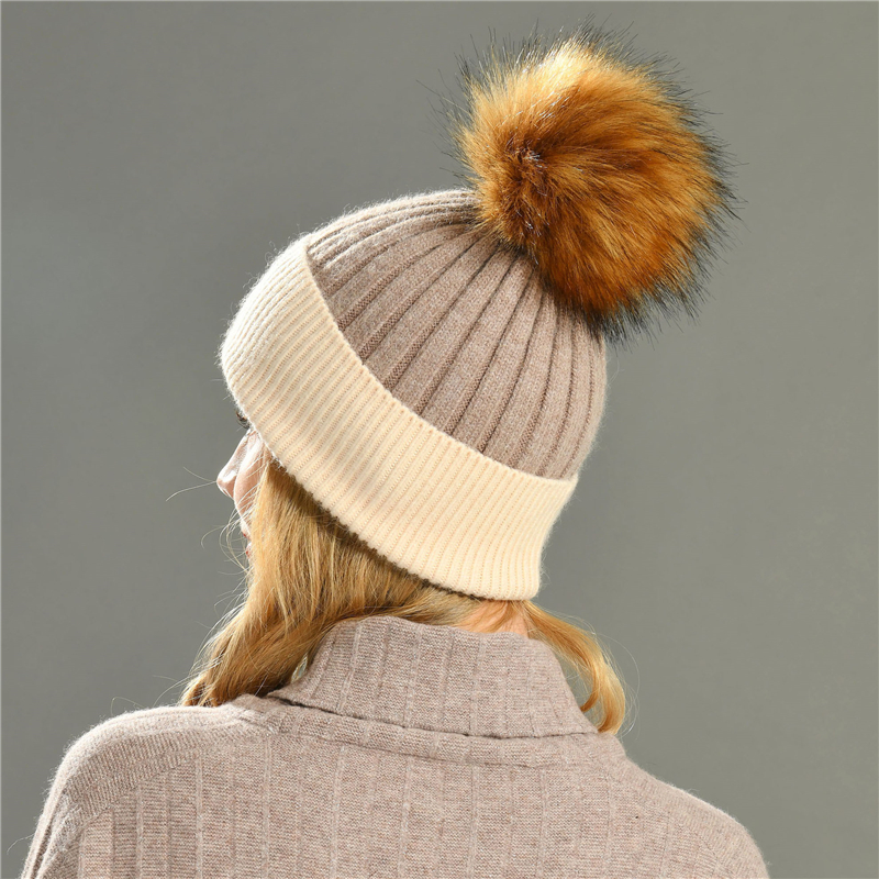 Winter Custom Knit angora Cable Hat with Fur Ball Bobble Winter Artificial Blank Unisex Stripped Knitted Beanie Hats