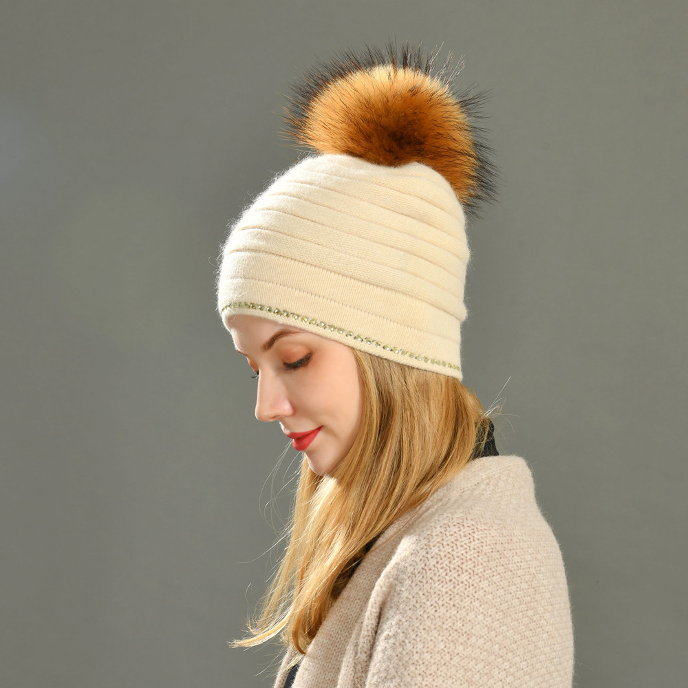 Wholesale Hand Knitted Woolen Caps Monster Pattern Winter Women Ladies Hats With Super Large Pom-pom