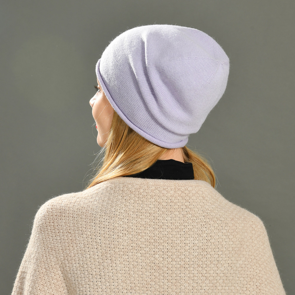 Rolled Cuffs Blank Angora Knitted Beanie Hat Women Spring Autumn Angora Roll Up Beanie