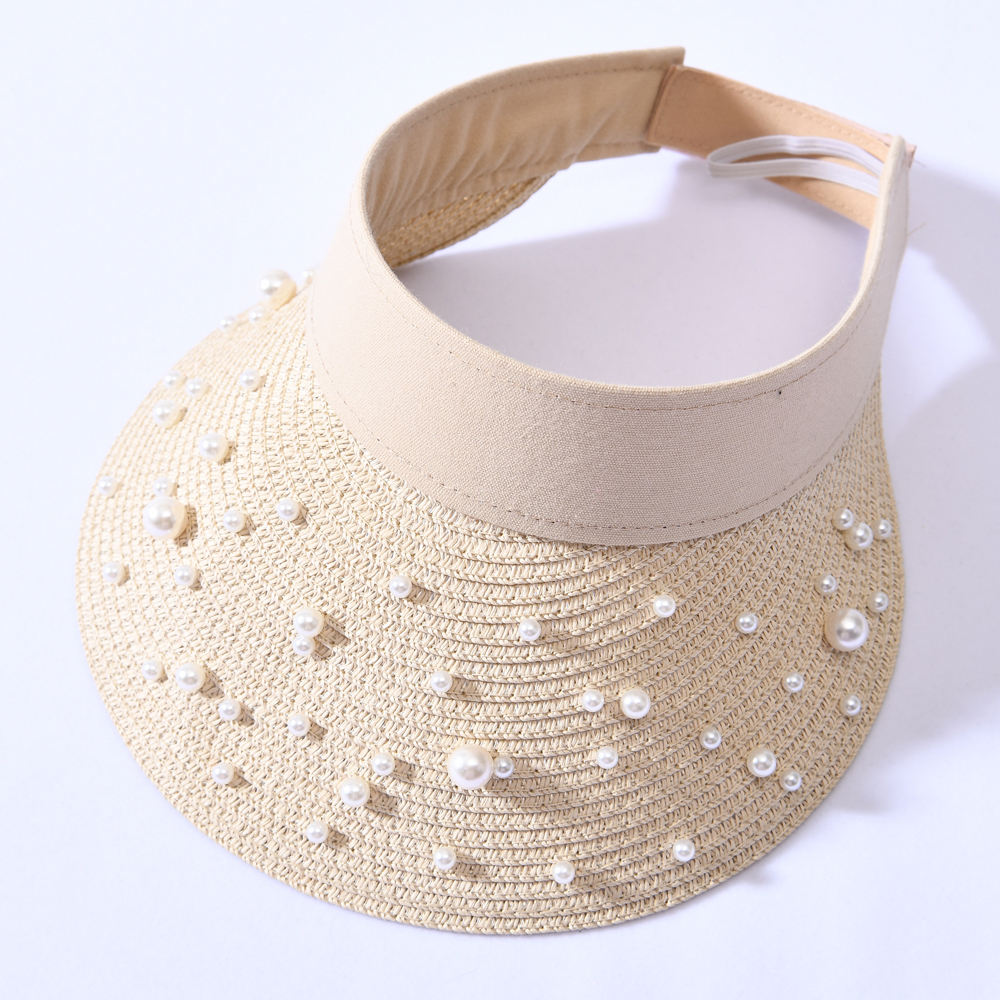 Sun Shade Women Summer Female Elegant Pearl Straw Wide Brim Visor Hat for Girls