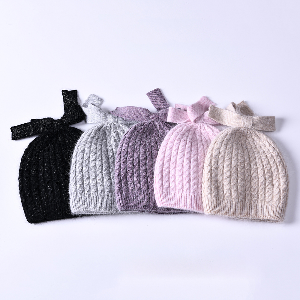 Soft Ribbed Beanie Knit Ski Cap Skull Hat Warm Solid Color Beanie Ladies Winter Bow Angora Knitted Hat Beanies