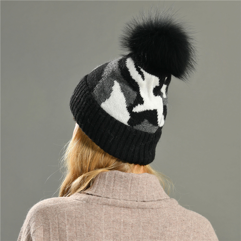 Classic Camo Pattern Design Winter Unisex Double Fold Thick Warm Cuffed Cashmere Wool Knitted Camouflage Beanie
