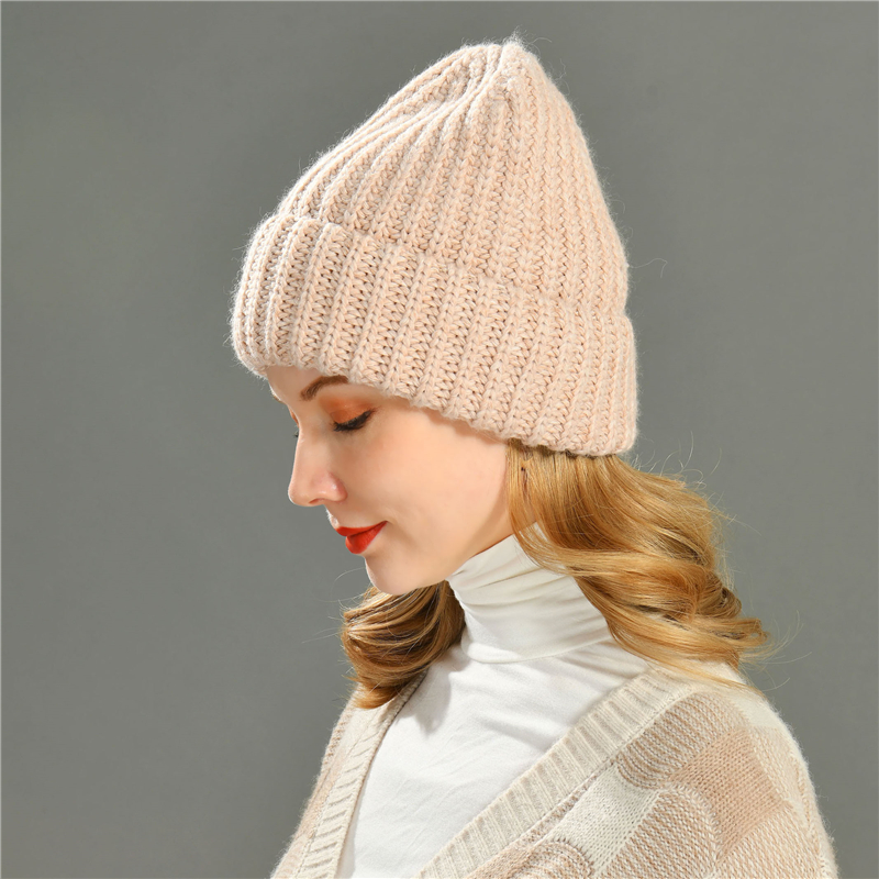 Women Girls Warm Knit Ribbed Winter Hat 2021 New Design Crochet Soft Cashmere Knit Beanie Pink
