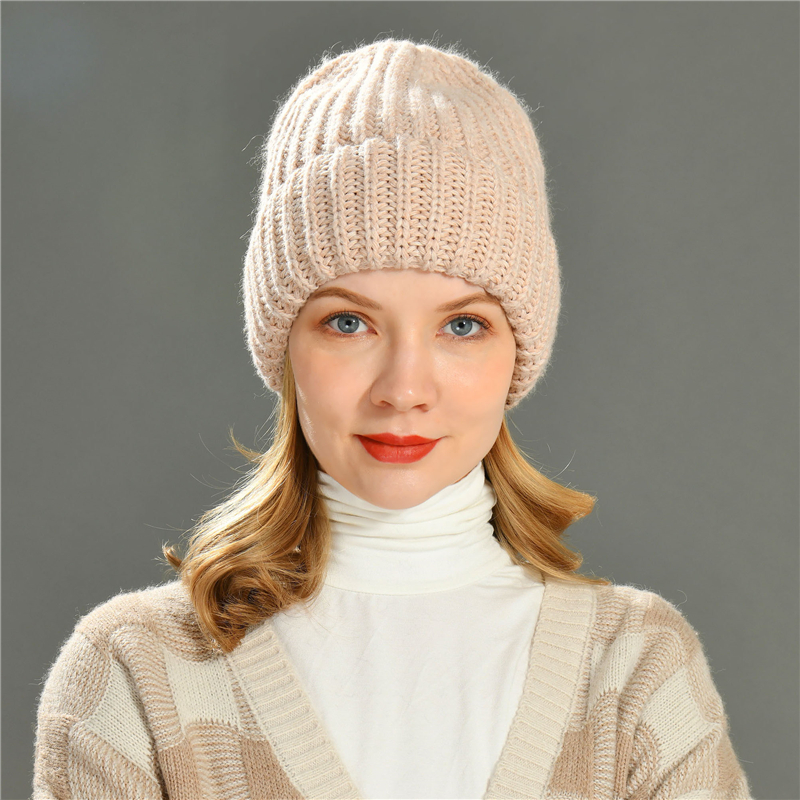 Women Girls Warm Knit Ribbed Winter Hat 2021 New Design Crochet Soft Cashmere Knit Beanie Pink