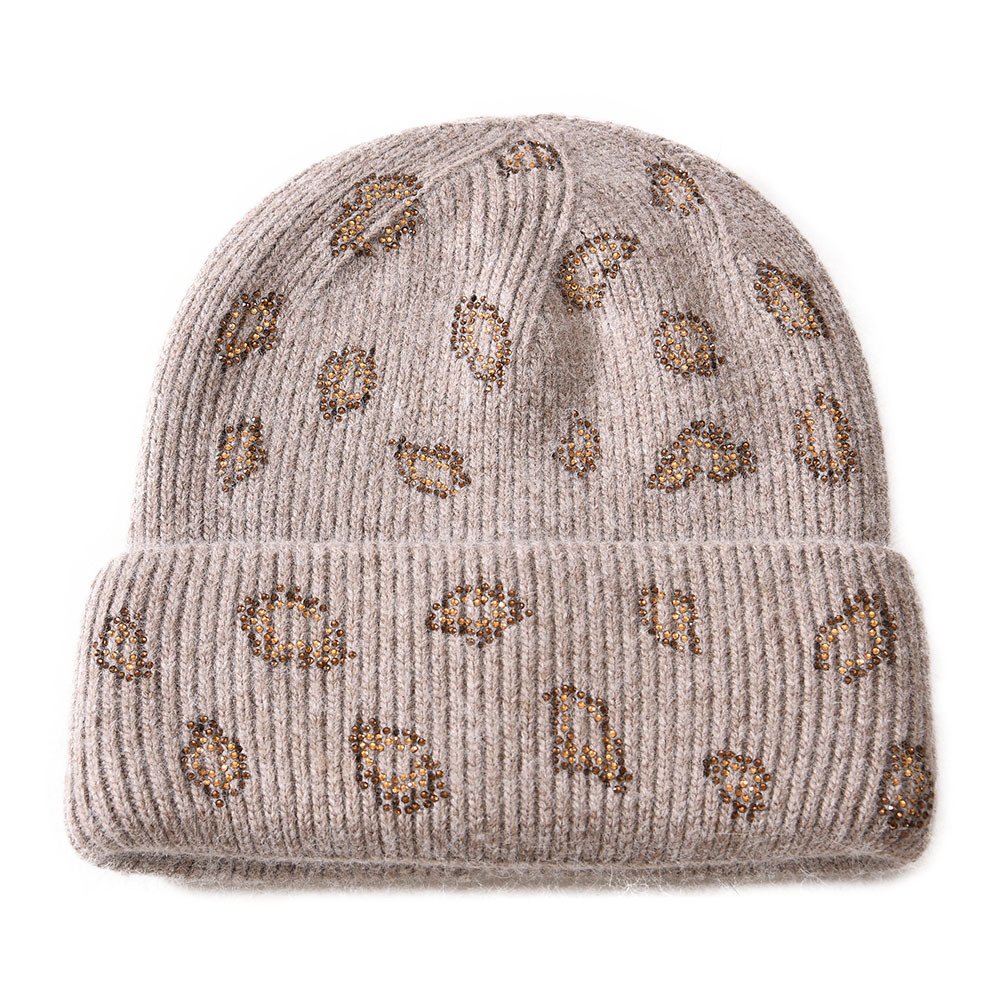 Factory Wholesale Cashmere Knit Beanie Hats Female Double Layer Thick Warm Women Winter Rhinestone Beanie
