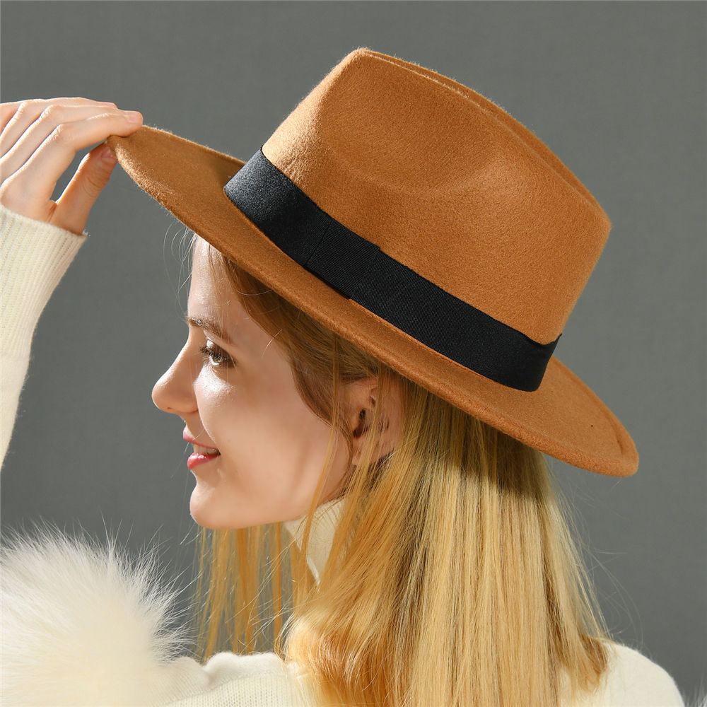 Wholesale Vendors Adults Women Plain Polyester Ribbon Wool Wide Brim Luxury Fedora Hats