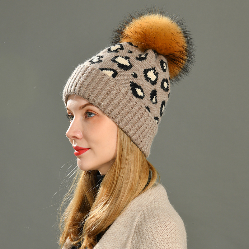 Winter Fashion Custom Faux Fur Ball Beanie Hat Skull Beanie High Quality Double Layer Angora Leopard Pattern Beanie