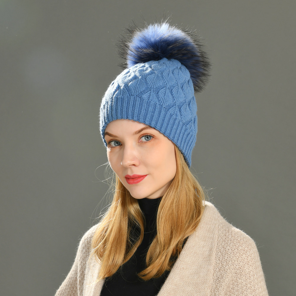 New Fashion Big Real Fur Pom Pom Ball Beanie Hat Women Winter Wholesale Angora Knitted Beanie Hat 