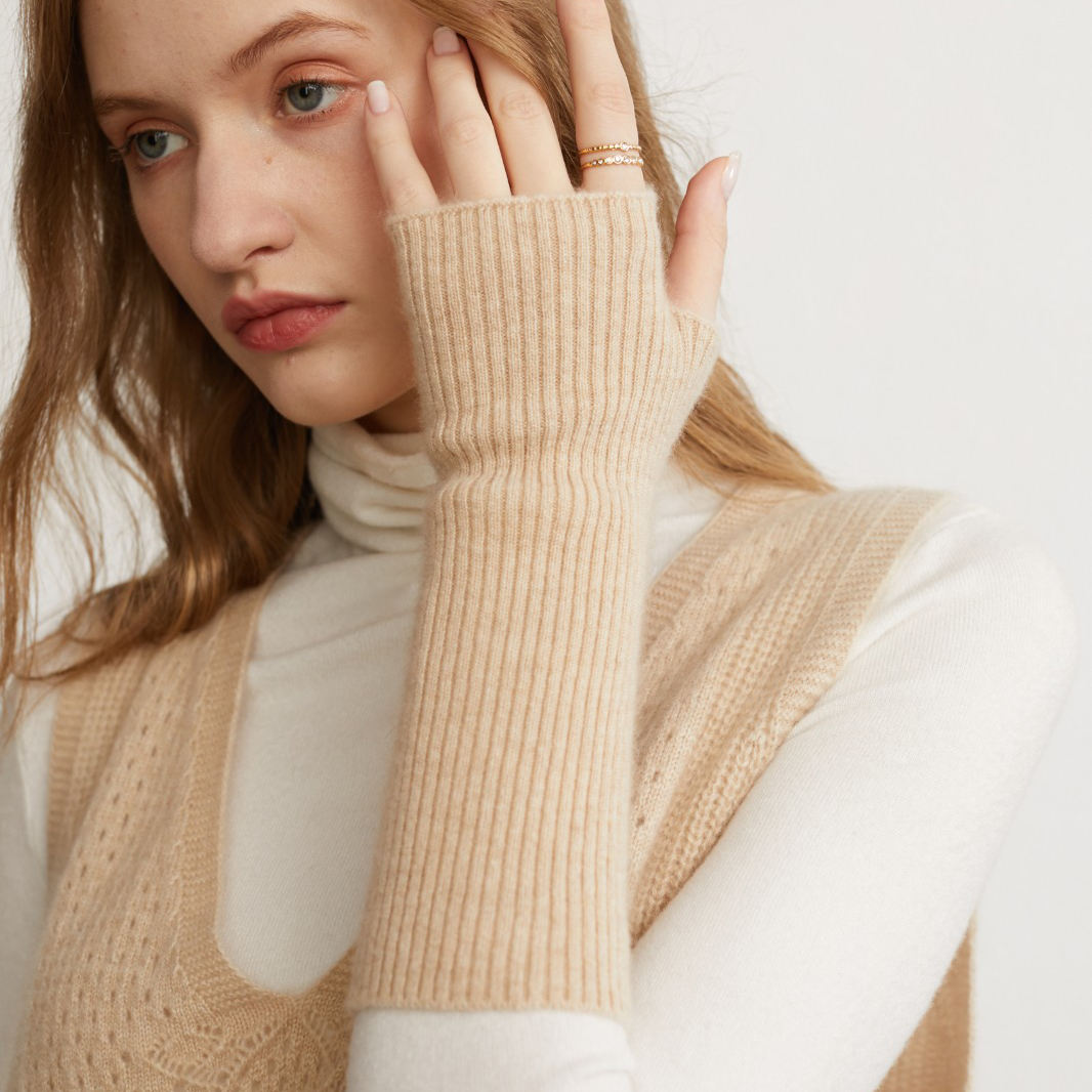 Wholesale Soft Long Half Finger Mittens Arm Warmer Striped Lightweight Stretchy Knitted 100% Cashmere Gloves Women