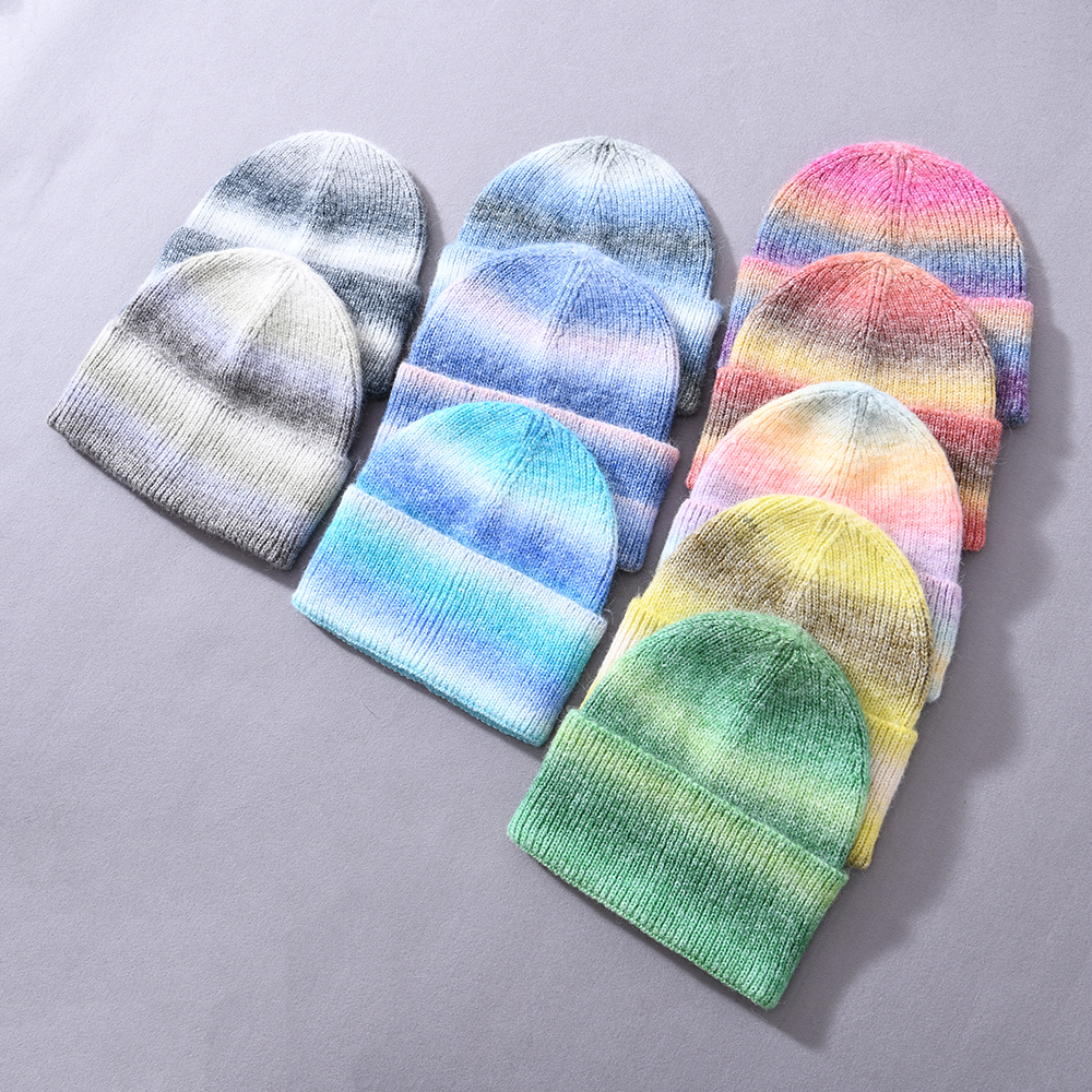 Winter Women Fashion Popular Warm Cashmere Tie Dyed Custom Knit Beanie For Ladies