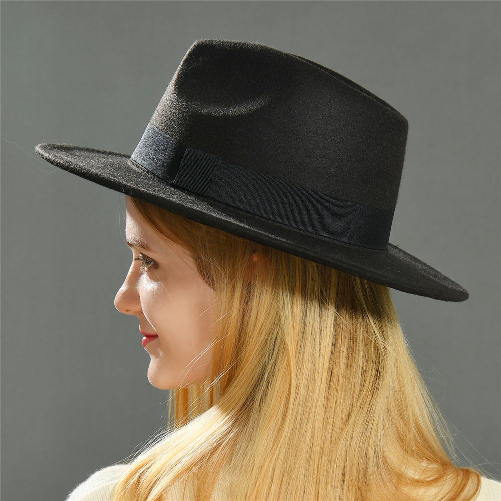 Wholesale Vendors Adults Women Plain Polyester Ribbon Wool Wide Brim Luxury Fedora Hats