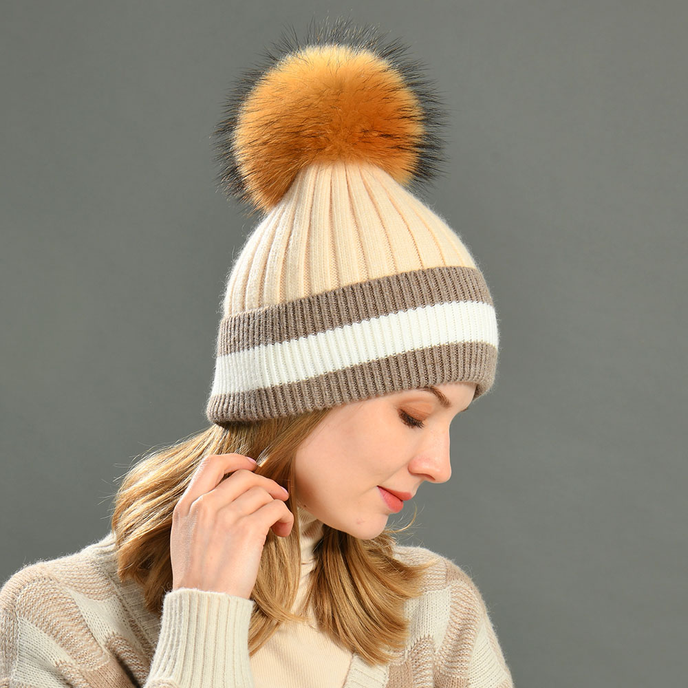 Wholesale Winter Custom Knit angora Cable Hat with Fur Ball Bobble Colors Blank Unisex Stripped Knitted Beanie Hats