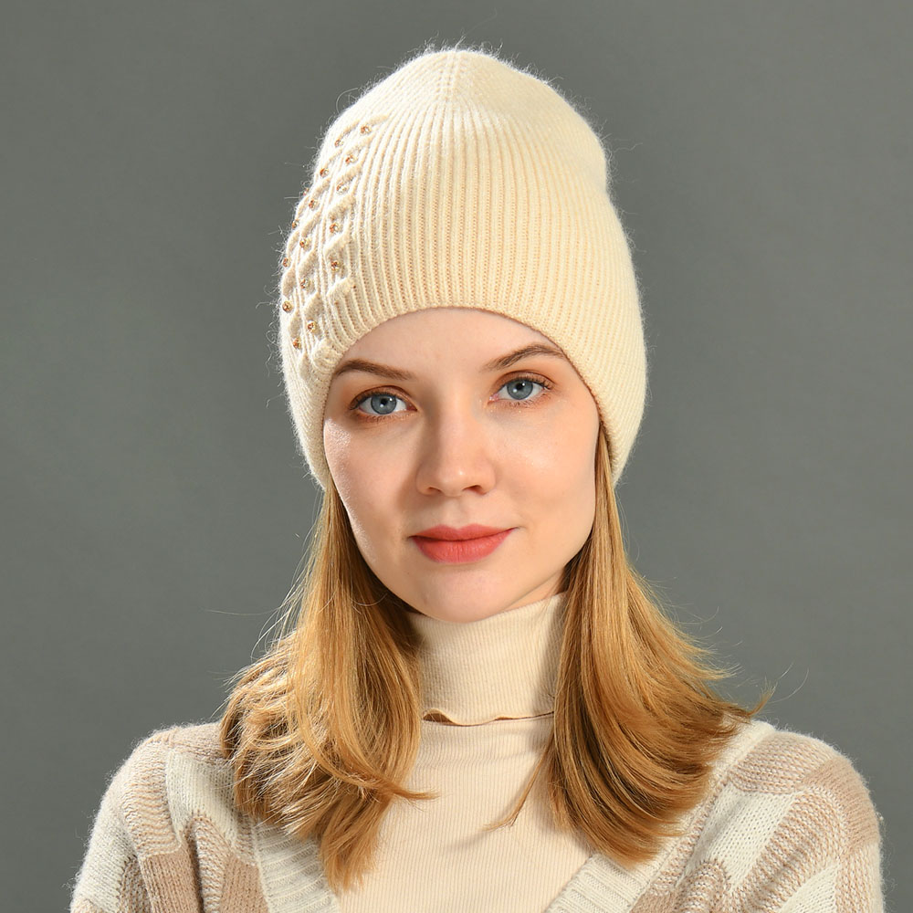 Wholesale Winter New Style Angora Cable Knitted Hat Blank Unisex Stripped Handmade Rhinestone Beanie Hats