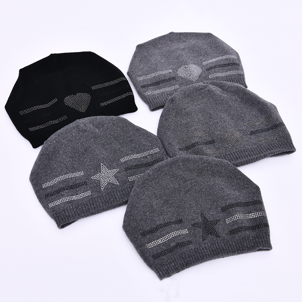 New Arrival Wool blend Beanie Knitted Hat Wool Thick Warm Oversize Wholesale Women Heart Star Beanie Knit Hat