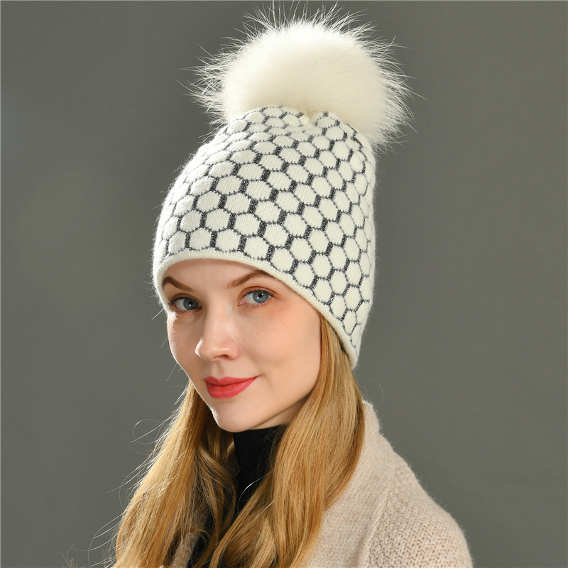High Quality Angora Wool Knit Beanie Hat Custom Winter Hats with Fur Pom Pom New Style Ladies Wool Beanie