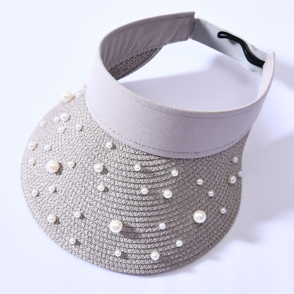 Sun Shade Women Summer Female Elegant Pearl Straw Wide Brim Visor Hat for Girls