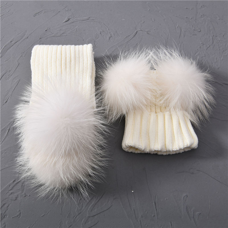 Winter Warm Fur Ball Hats Unisex Knitted Beanie Cap Girls Boys Classic Striped Knit Kids Beanie and Scarf Set
