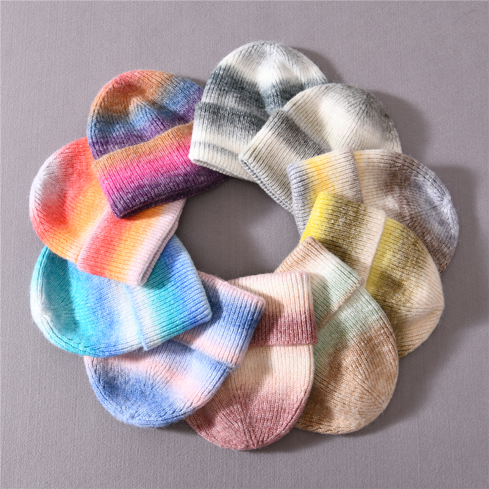 Winter Women Fashion Popular Warm Cashmere Tie Dyed Custom Knit Beanie For Ladies