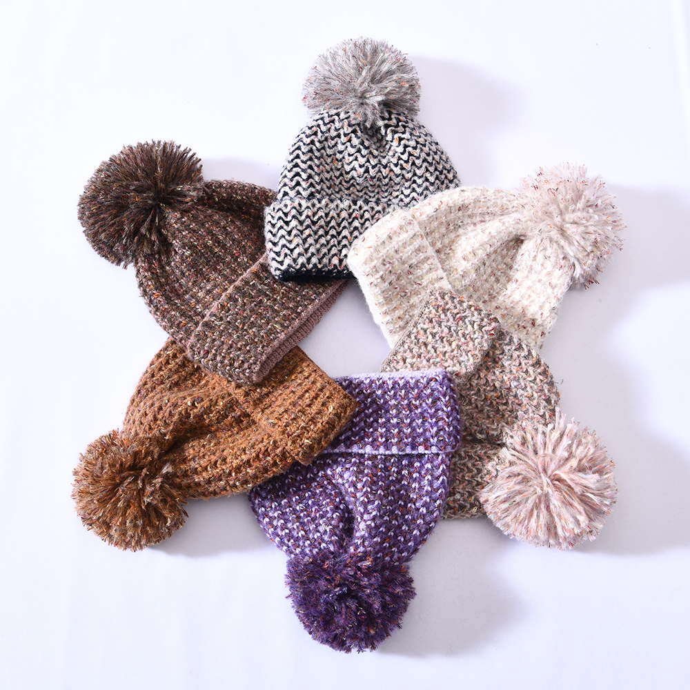 Headwear Outdoor Ski Thick Warm Mix Color Knit Winter Hat Yarn Pom Pom