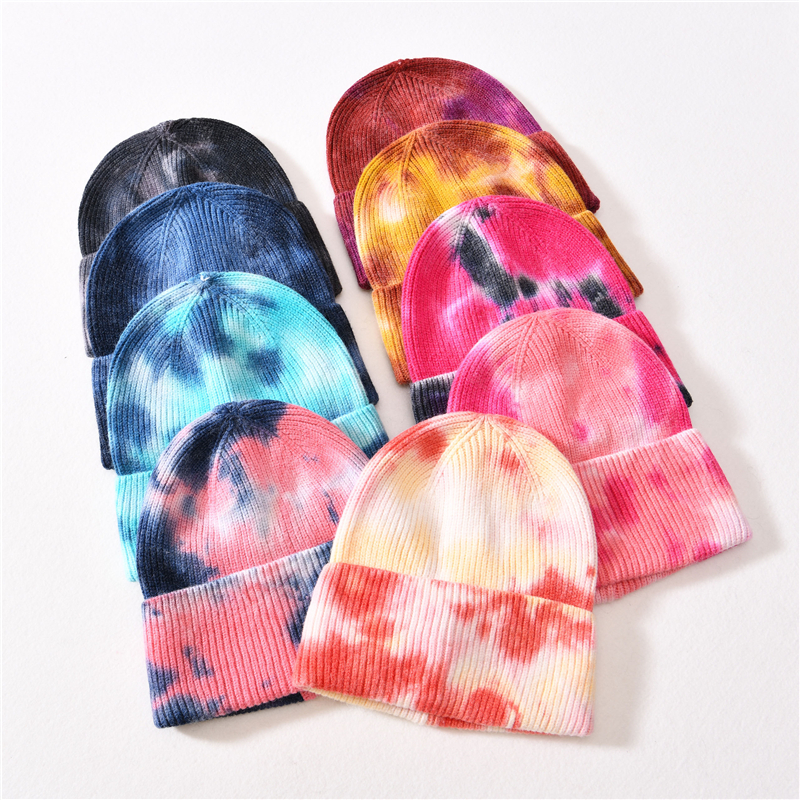 Winter High Quality Female Warm Soft Tie Dye Hats Beanies Women Strip Knitted Tie Dye Beanies