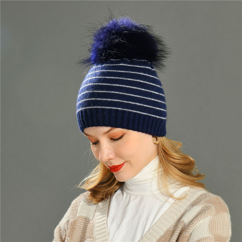 High Quality Angora Knitted Beanie stripe Double Layer Warm Unisex Winter Beanies with Customize Logo