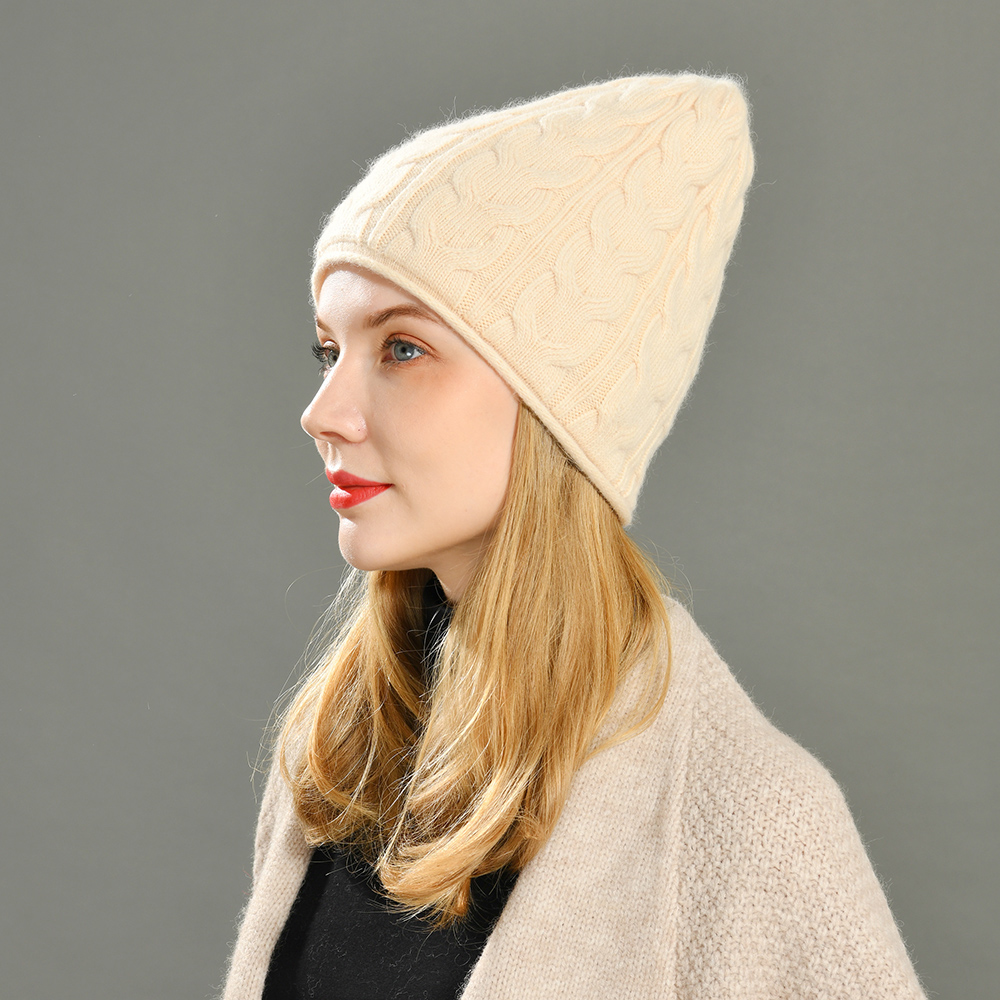 Wholesale Ski Skull Custom Angora Knitted Beanie Double Layer Warm Twist High Quality Winter Women Thick Beanie