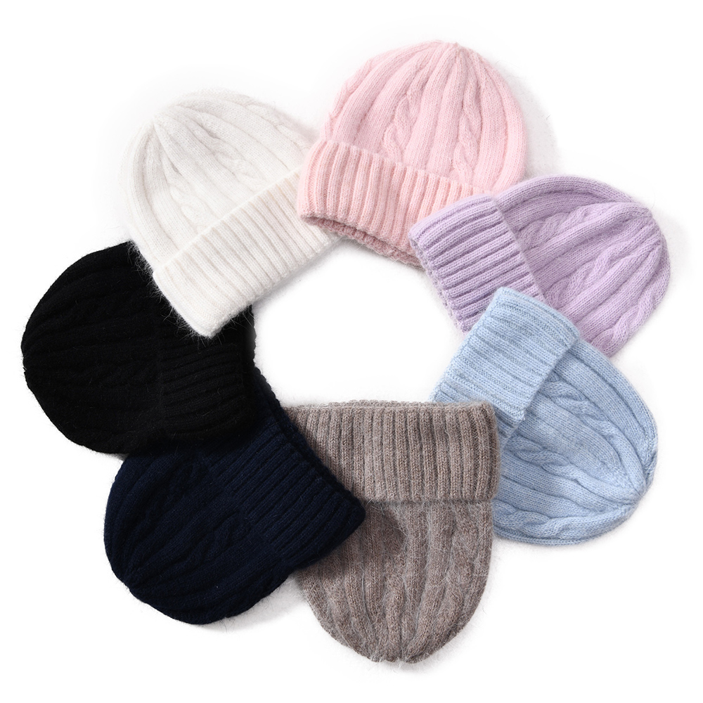 Female Angora Blend Winter Hat Long Fur Warm Soft Wool Knitted Hats Women Skullies Beanies Wholesale