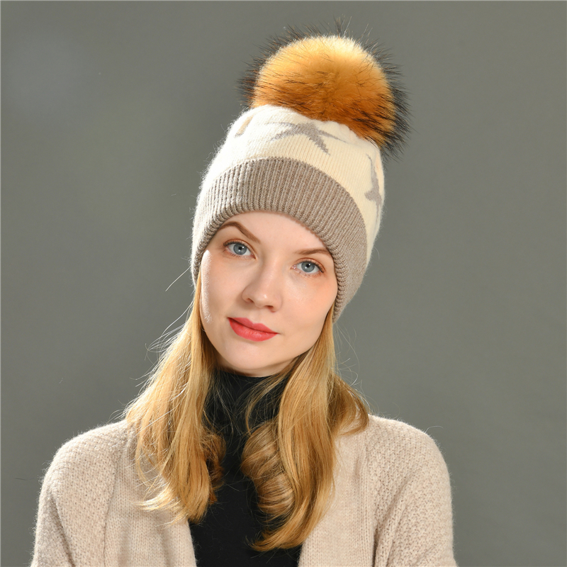 Factory Wholesale Unisex Winter Keep Warm Angora Knit Beanie Hat with Fur Pom Two Tone Thick Knitted Beanie Custom