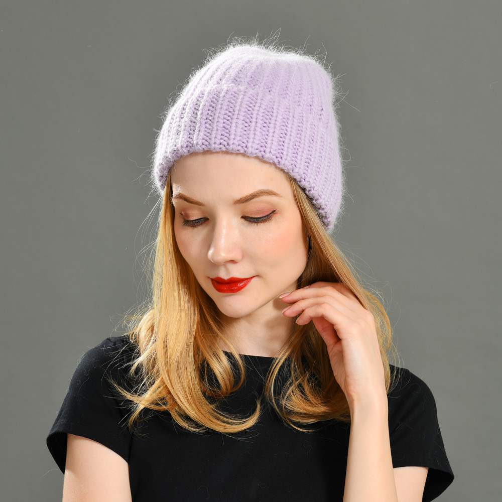 Winter Women Warm High Quality Stretchy Chunky Detachable Angora Knitted Thick Ribbed Beanie Hats 