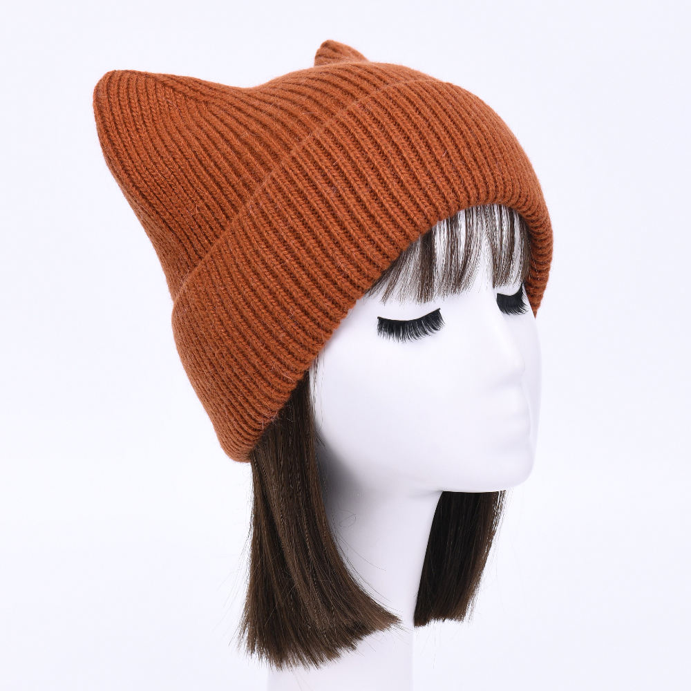 Thick Elastic Snow Winter Hat Soild Color Striped Cuffed Cashmere Knitted Warm Women Cute Cat Beanie