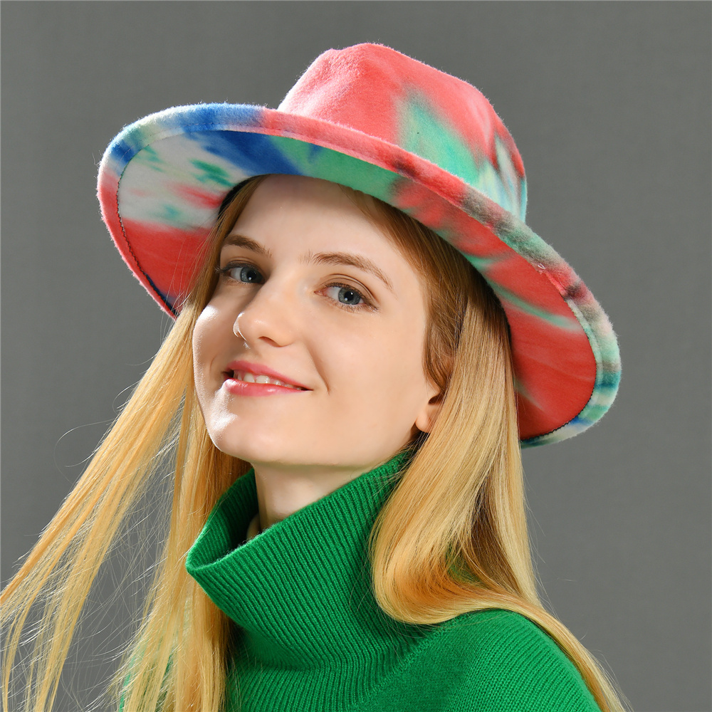 Wholesale Unisex Vintage Jazz Woolen Tie Dye Color Wide Brim Wool Fedora Hats 