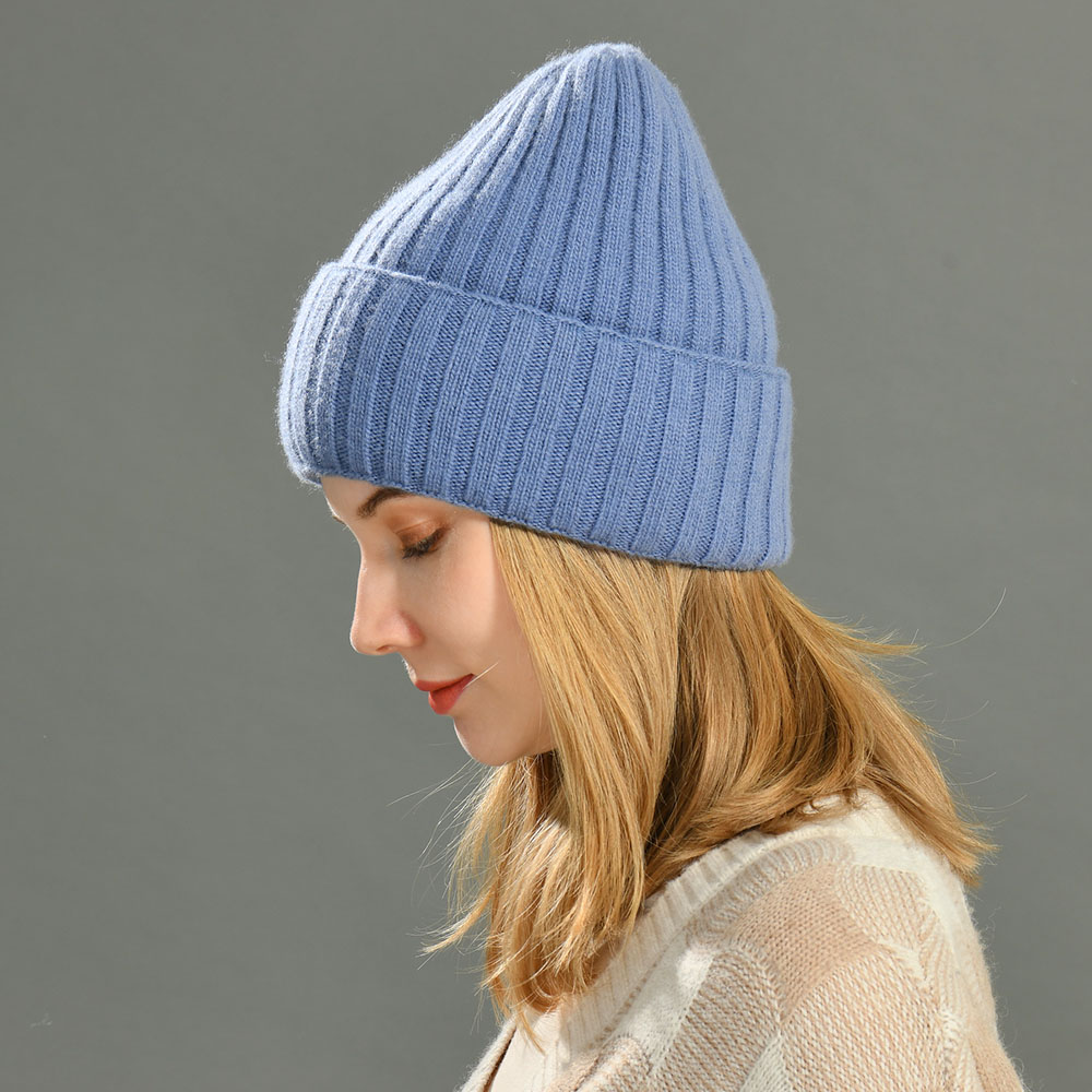 Wholesale 100% Wool Soft Knitted Cap Customize Adult Striped Cuffed Warm Winter Unisex Thick Wool Chunky Knit Beanie