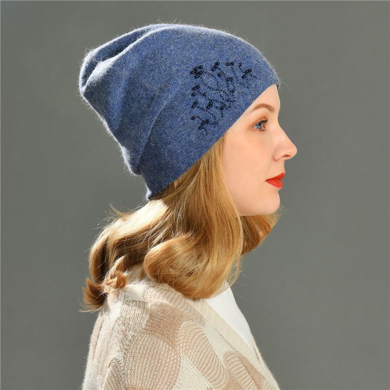 Winter Angora Wool Knitted Beanie Hat High Quality Wholesale Women Plain Rhinestones Pearl Beanie