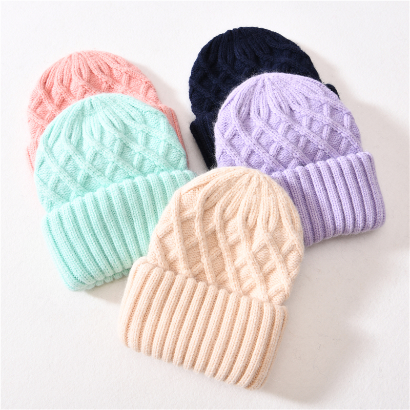 wholesale Colors Angora Blend Custom Knitted Beanie Hat Winter Thick Warm Women Classic Rhombus Bulk Beanie