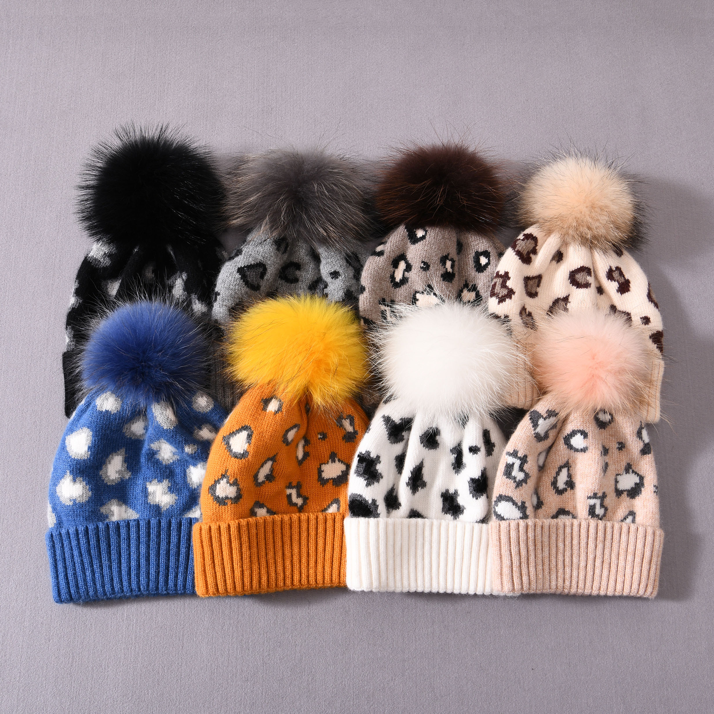 Winter Fashion Custom Faux Fur Ball Beanie Hat Skull Beanie High Quality Double Layer Angora Leopard Pattern Beanie
