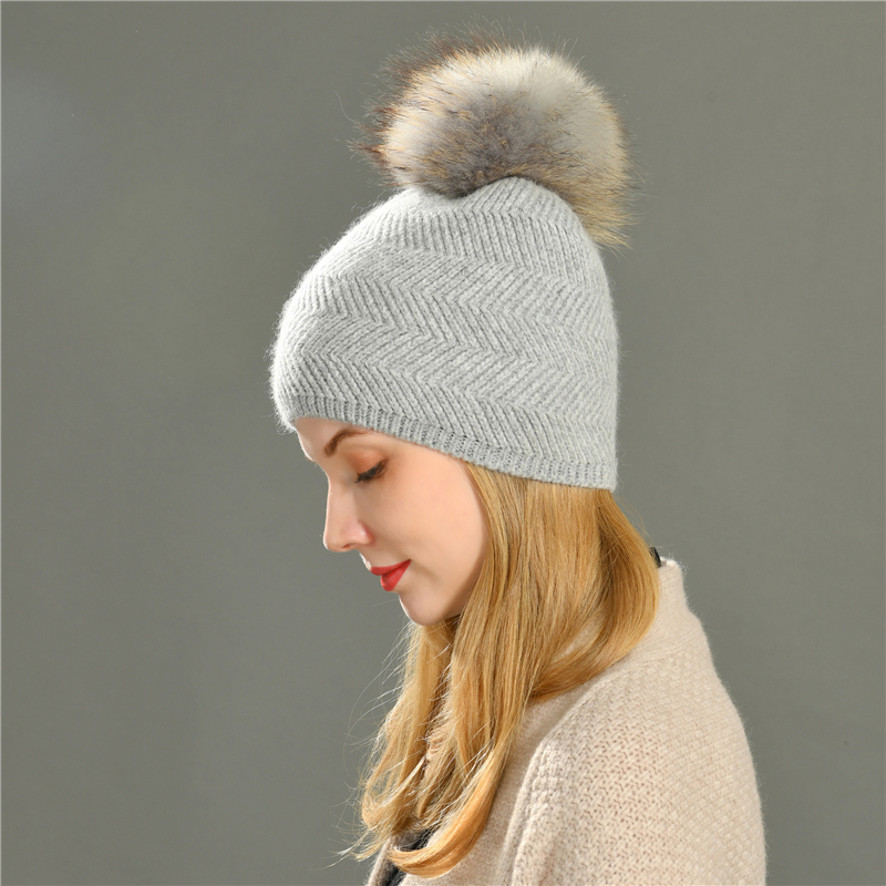 OEM Wholesale Angora Knitted Beanie Hats Thick Warm Custom Water Ripple Pattern Winter Women Beanie