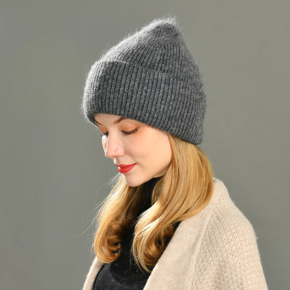 Casual Women's Hats Angora Knitted Beanies Autumn Winter Brand New Three Fold Thick Knitted Girls Beanies
