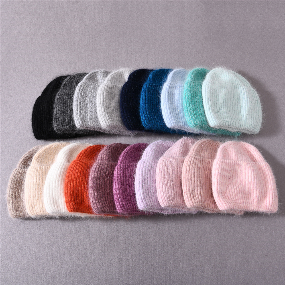 Autumn Winter Warm Beanies Hats Casual Women Solid Adult Angora Colors Knitted Beanie Hat with Bright Wire 