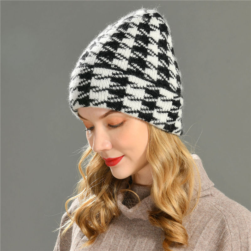 Wholesale Women Lady Check Pattern Thick Warm Cashmere Knitted Ladies Winter Hat