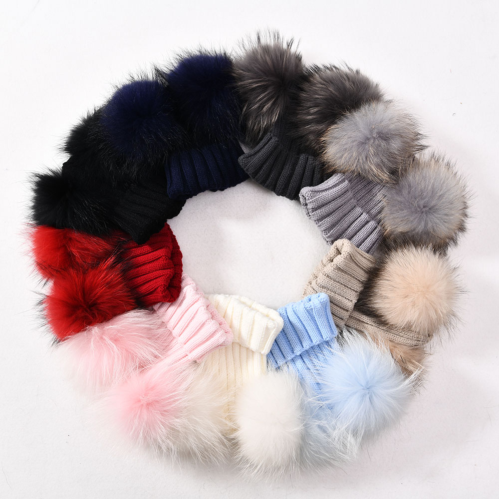 Winter Warm Fur Ball Hats Unisex Knitted Beanie Cap Girls Boys Classic Striped Knit Kids Beanie and Scarf Set